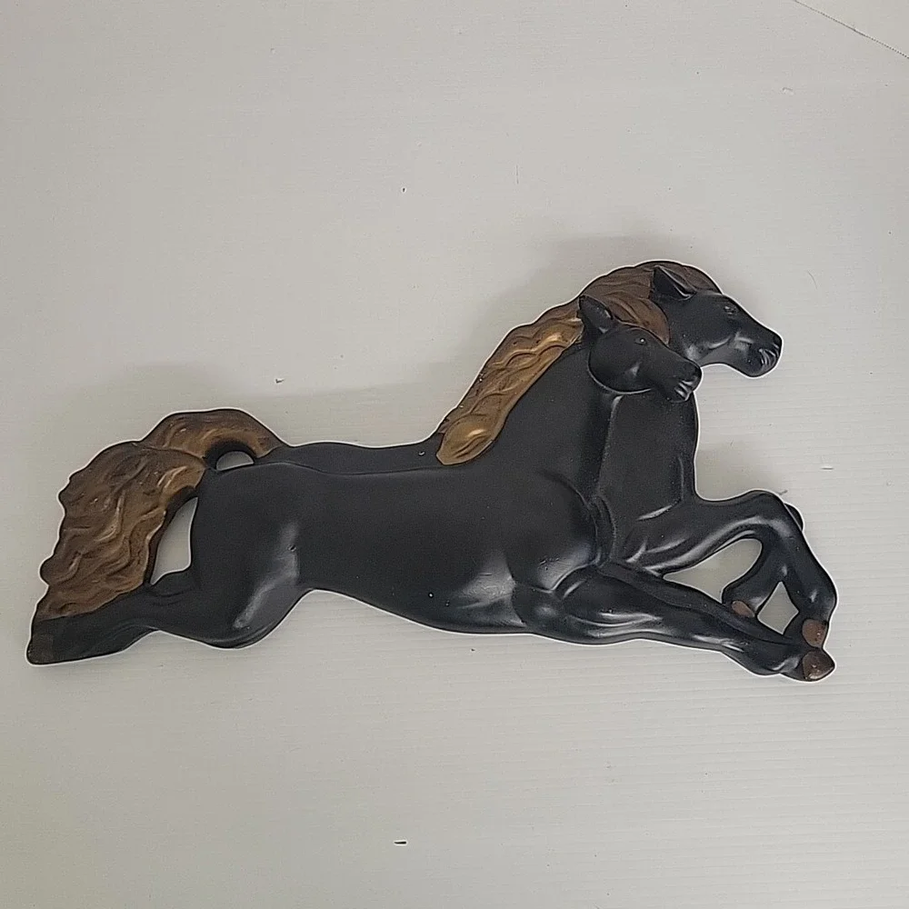 Vintage‎ Chalkware Running Black Gold Horses Western Wall Hanging MCM